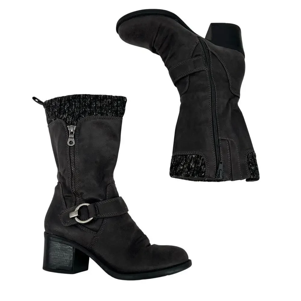 Baretraps Wylla mid-calf black sweater cuff block heel boots zip close size 5.5